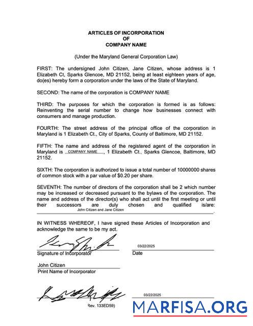 Printable USA Maryland articles of incorporation Word and PDF template